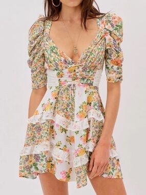 For Love and Lemons Rosalyn Mini Dress Patchwork Green Floral Print Extra Small